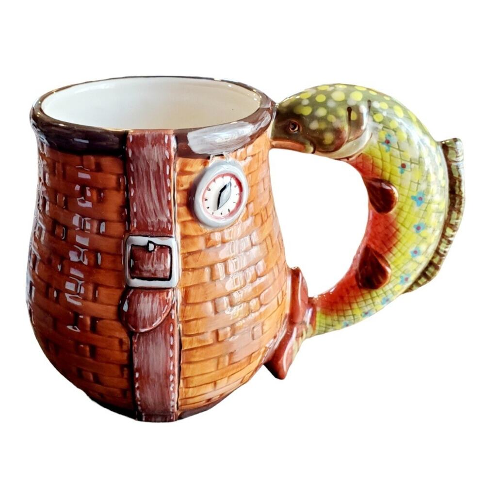 3D Fish Basket Coffee Mug Burton and Burton The Big Catch Ceramic Trout Handle